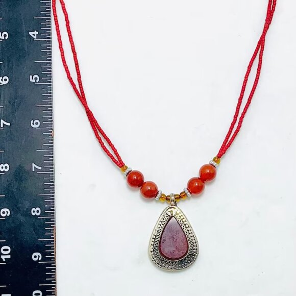 Red Beaded Pendant Necklace, Ethnic Unique Necklace, Beaded Chain Handmade - Picture 6 of 8